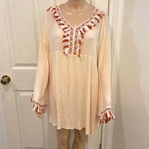 Boho Cream Tunic with Colorful Fringe